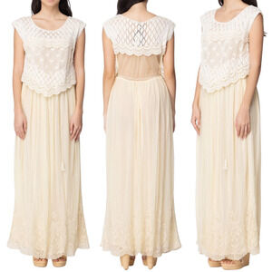 Twinset Crochet Lace Maxi Dress sz M Women Butter Cream Sheer Overlay Boho Fairy